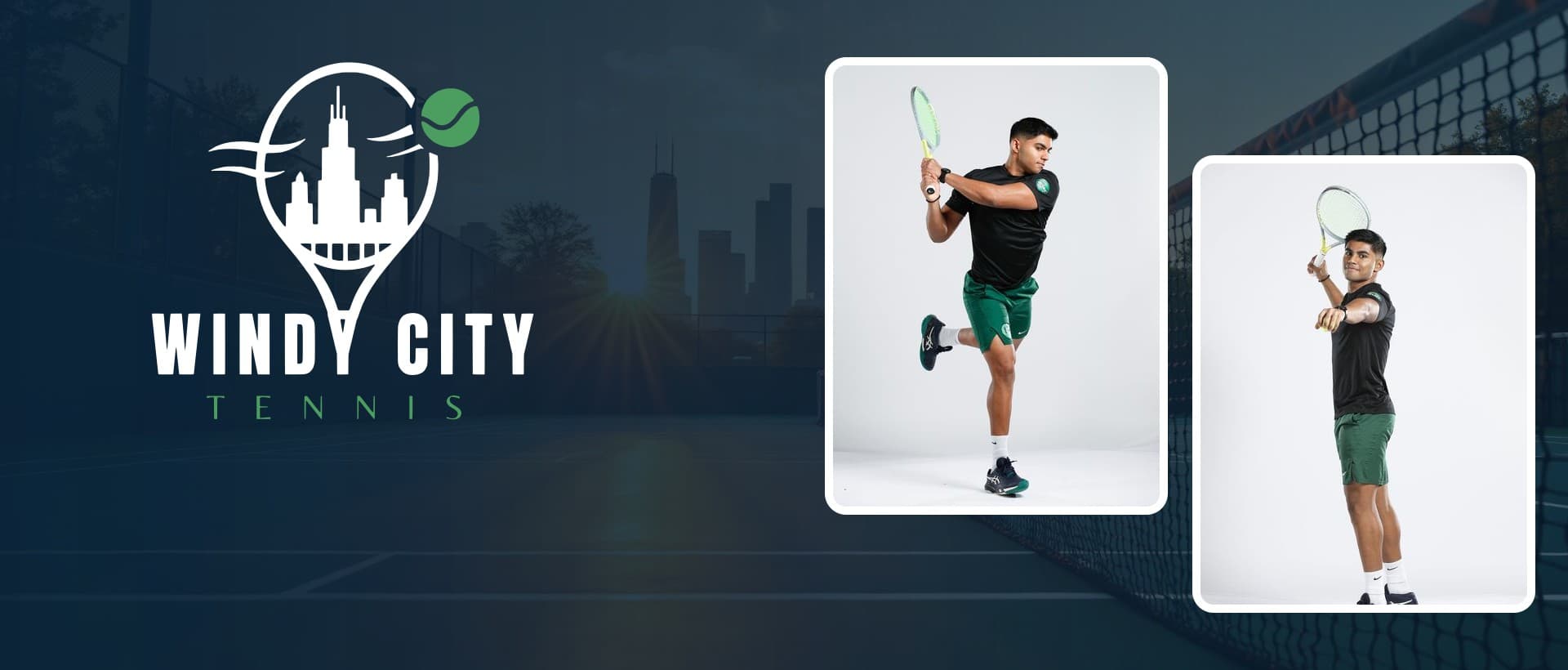 Windy City Tennis logo beside two photos of Head Coach Abhay Singh hitting a backhand and a forehand